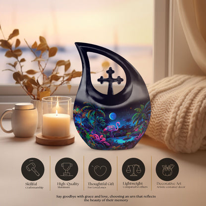 Flamingo-themed cross drop design urn 