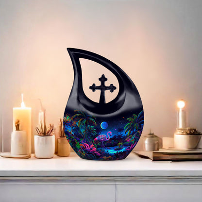 Flamingo-themed cross drop design urn 