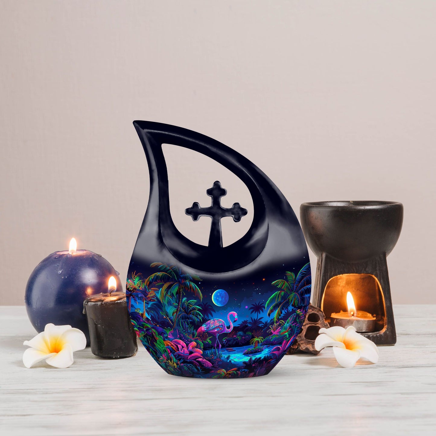 Flamingo-themed cross drop design urn 