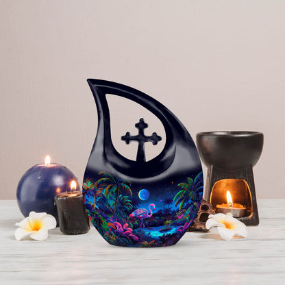 Flamingo-themed cross drop design urn 