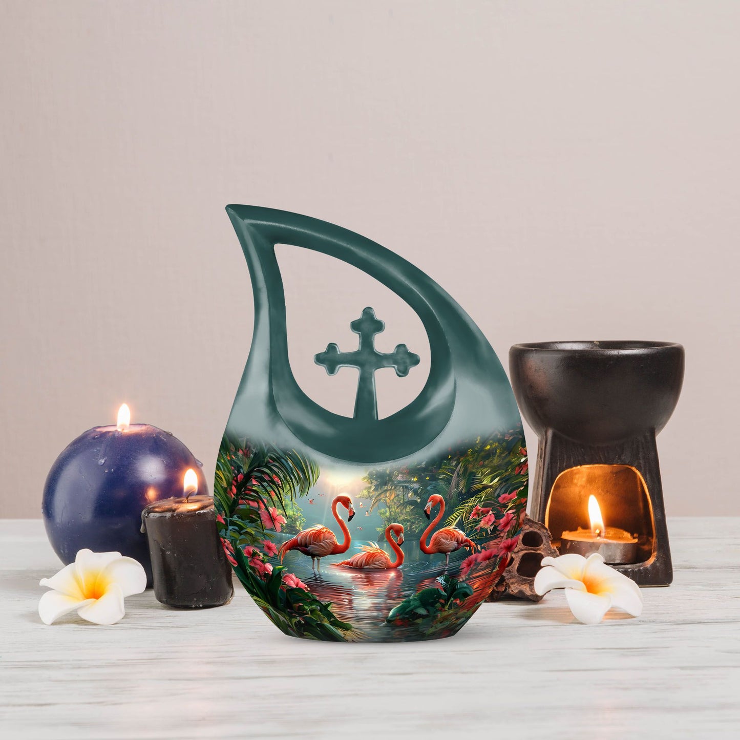 Flamingo-themed Cross Drop design large urn 
