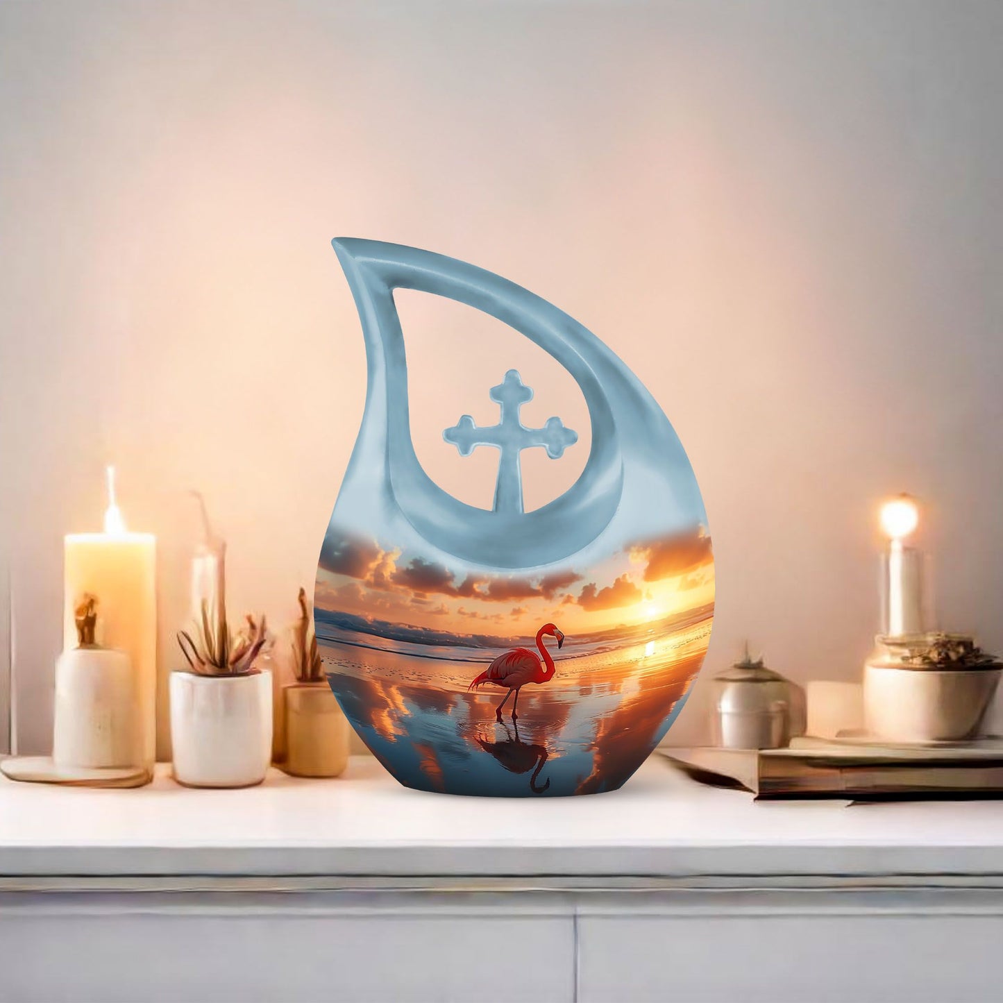 10-inch Flamingo Urn with Cross Drop Design