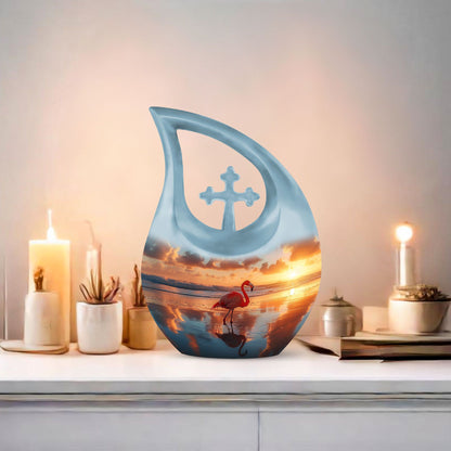 10-inch Flamingo Urn with Cross Drop Design