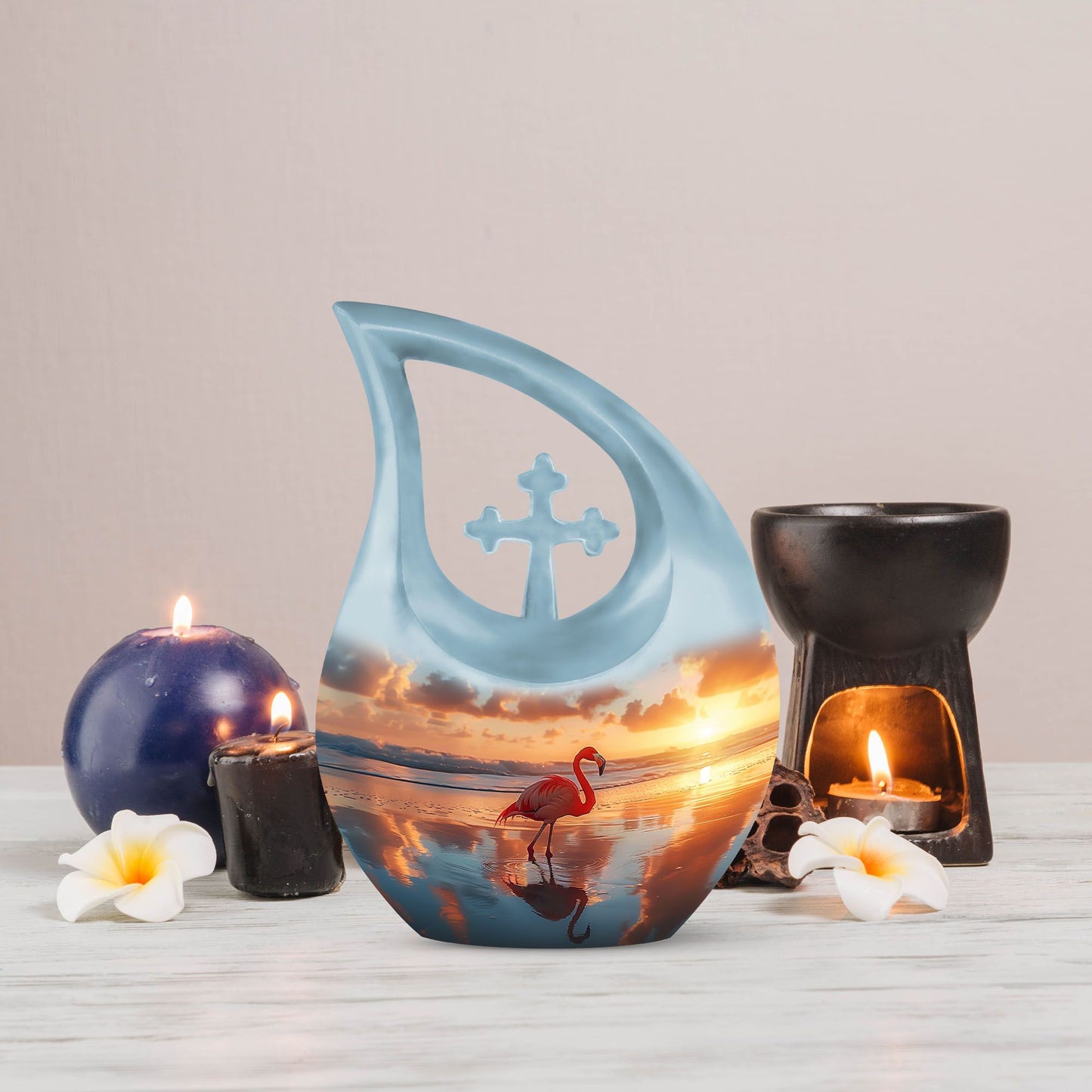 10-inch Flamingo Urn with Cross Drop Design