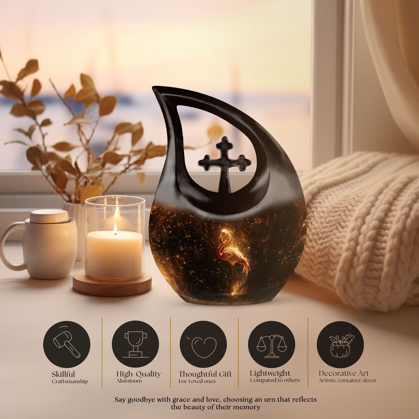 10-inch Flamingo-themed Cross Drop memorial urn 