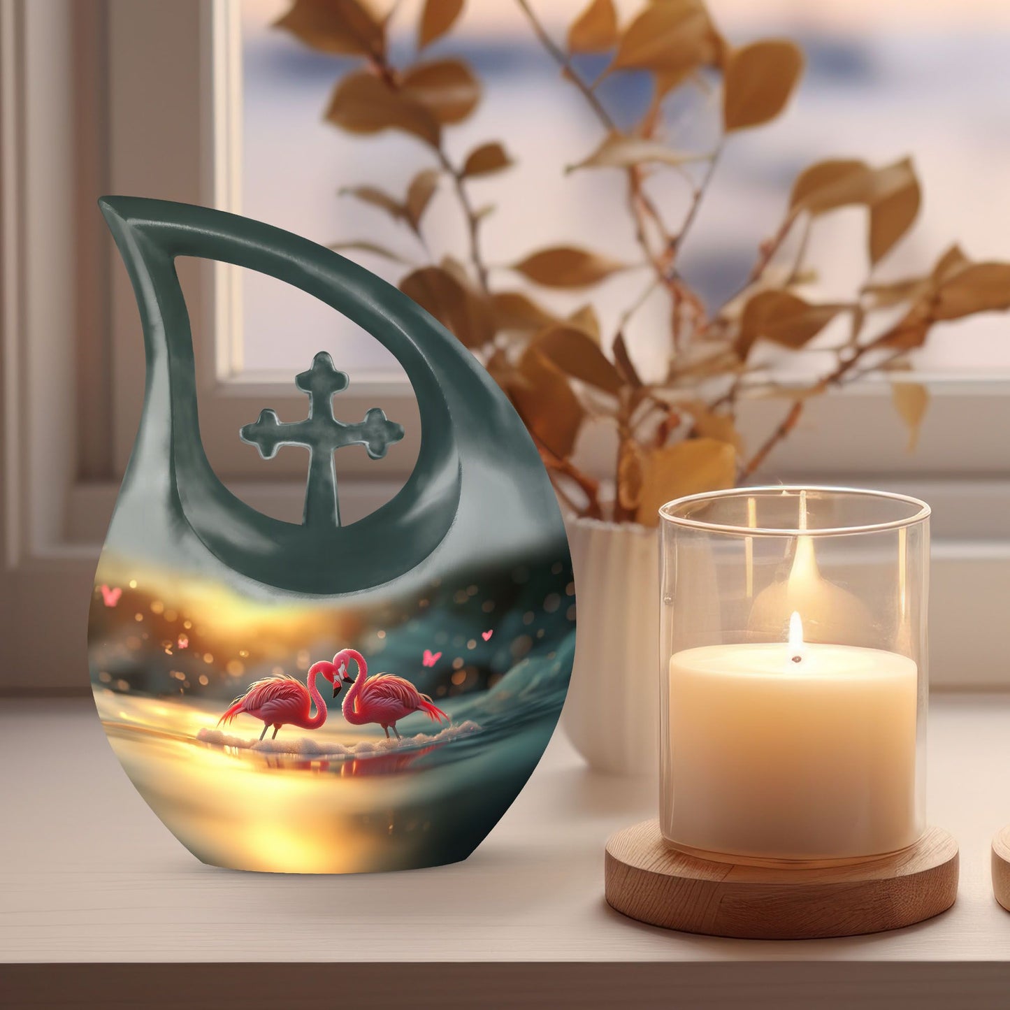 Flamingo-themed 10-inch Cross Drop Cremation Urn