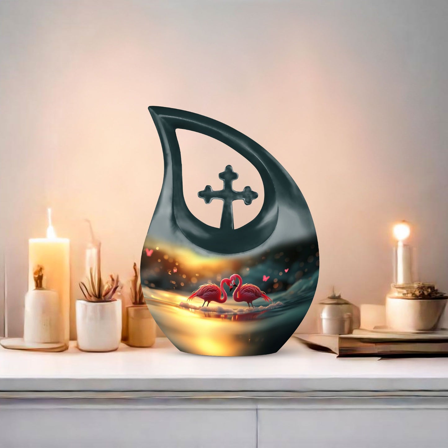 Flamingo-themed 10-inch Cross Drop Cremation Urn