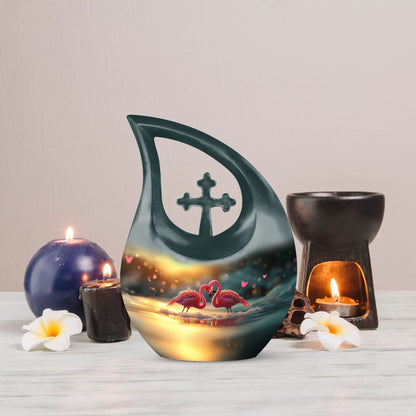 Flamingo-themed 10-inch Cross Drop Cremation Urn