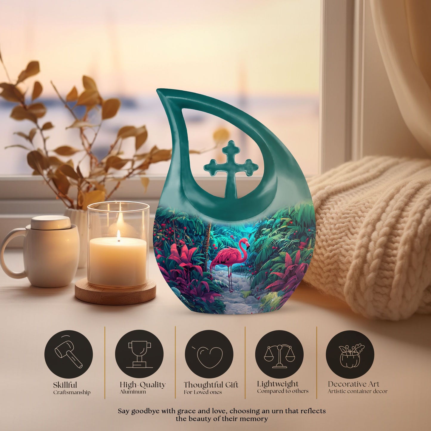 10-inch Flamingo themed Cross Drop urn, 