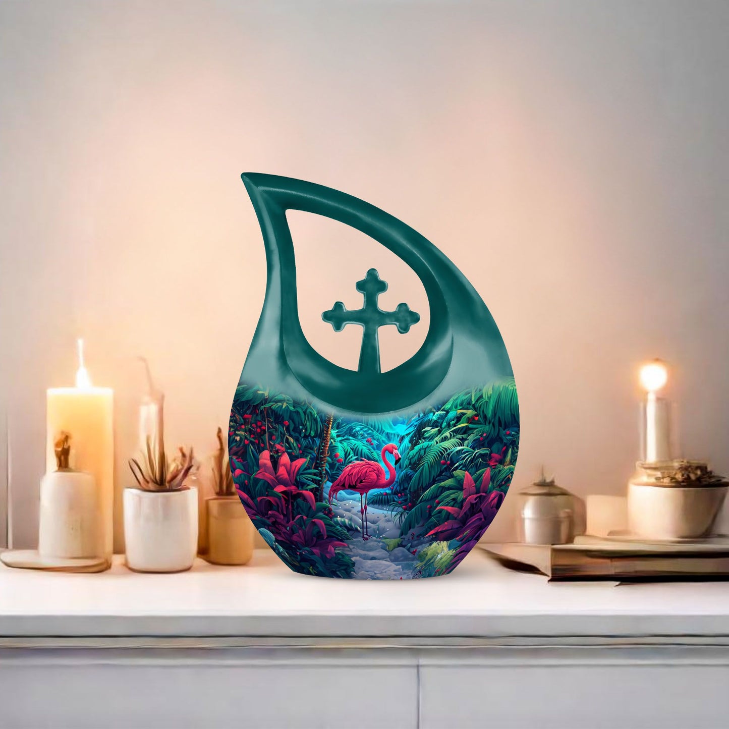 10-inch Flamingo themed Cross Drop urn, 