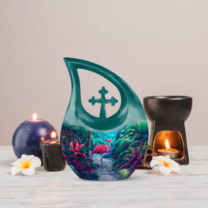 10-inch Flamingo themed Cross Drop urn, 