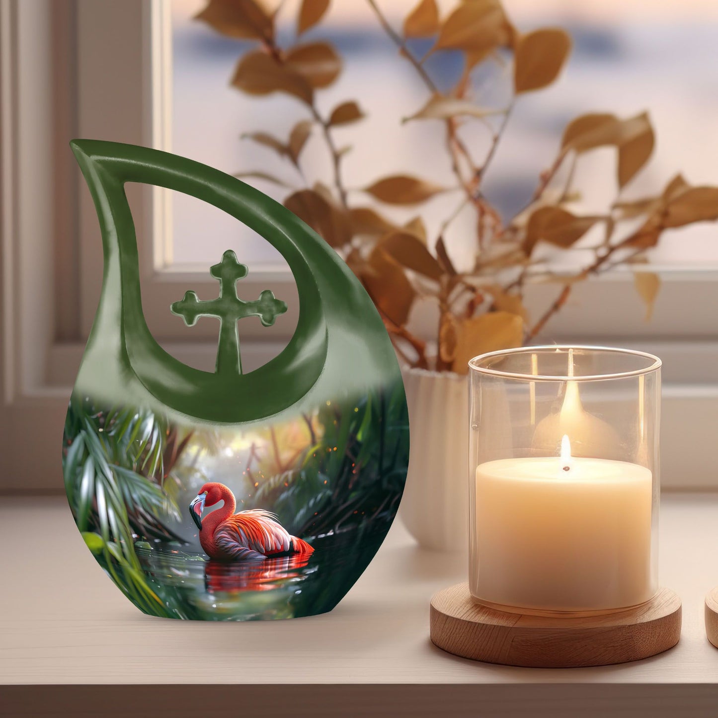 10-inch Flamingo themed Pink Urn with Cross Drop design,