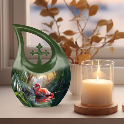10-inch Flamingo themed Pink Urn with Cross Drop design,