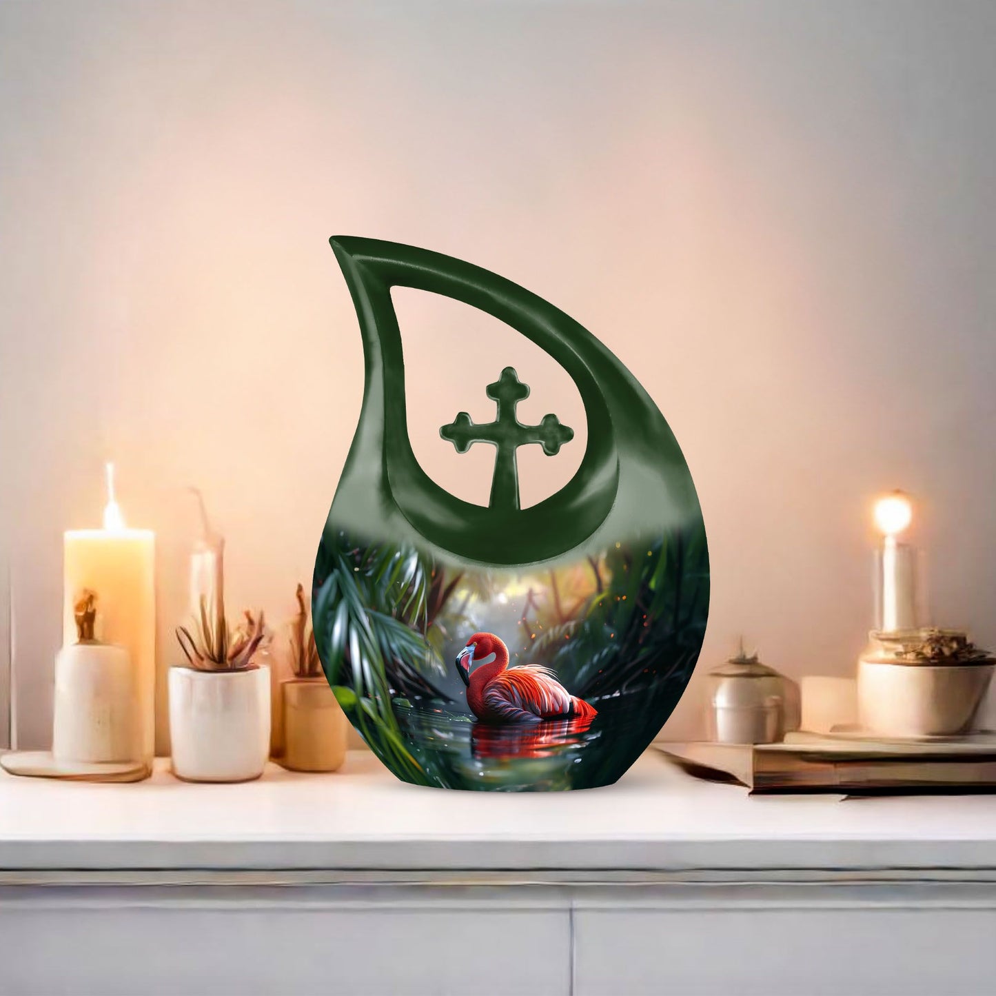 10-inch Flamingo themed Pink Urn with Cross Drop design,
