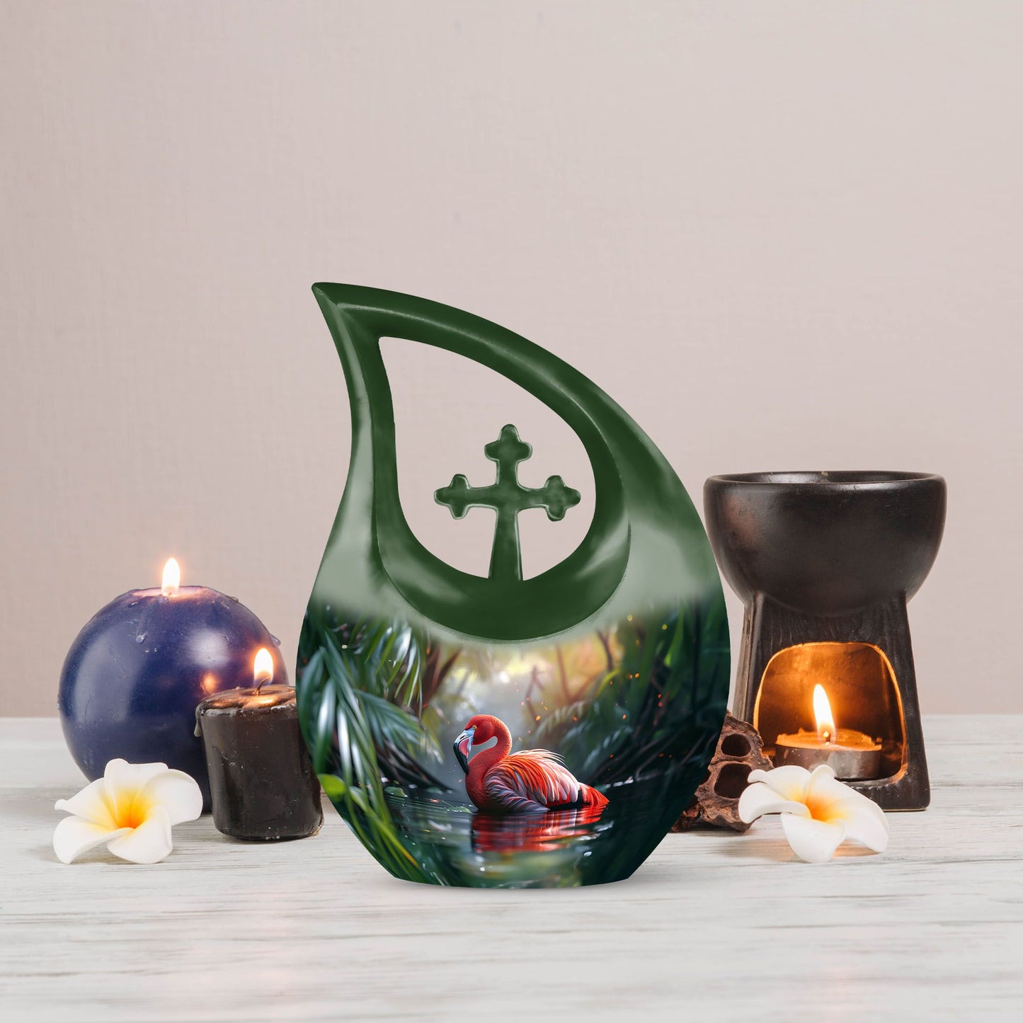 10-inch Flamingo themed Pink Urn with Cross Drop design,