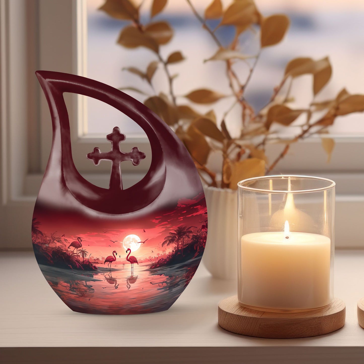 10-inch Flamingo Themed Cross Drop memorial urn