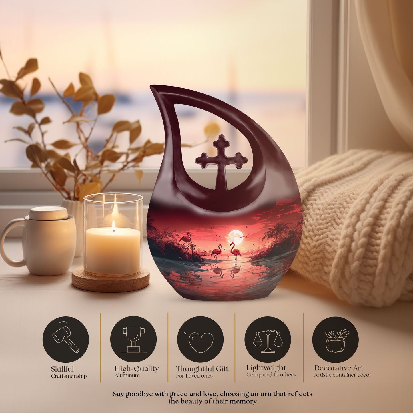 10-inch Flamingo Themed Cross Drop memorial urn