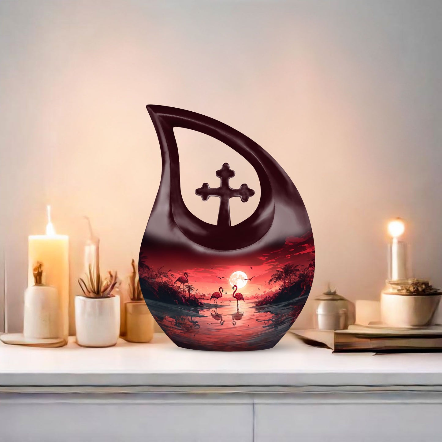 10-inch Flamingo Themed Cross Drop memorial urn