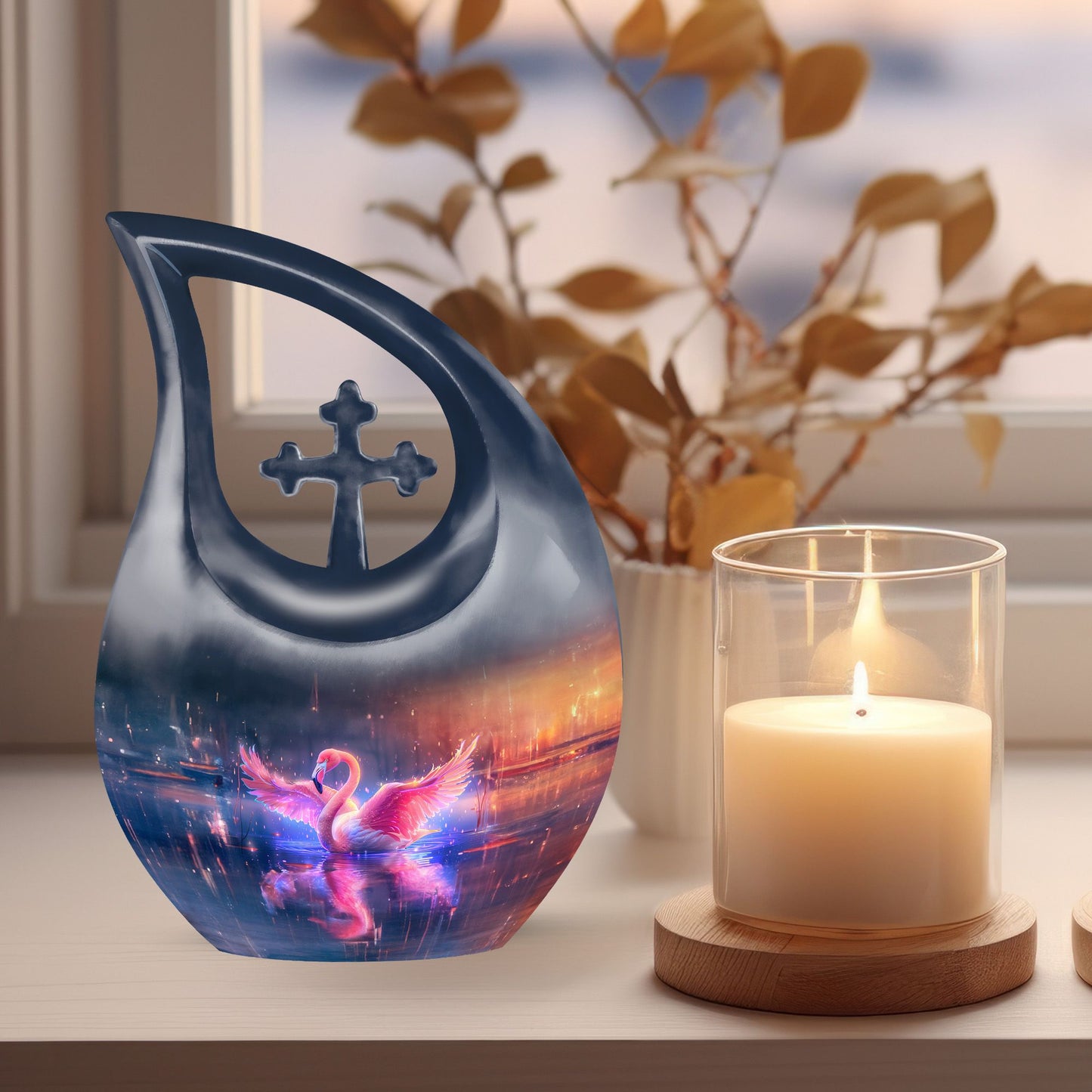 10-inch Flamingo urn with Cross Drop design,