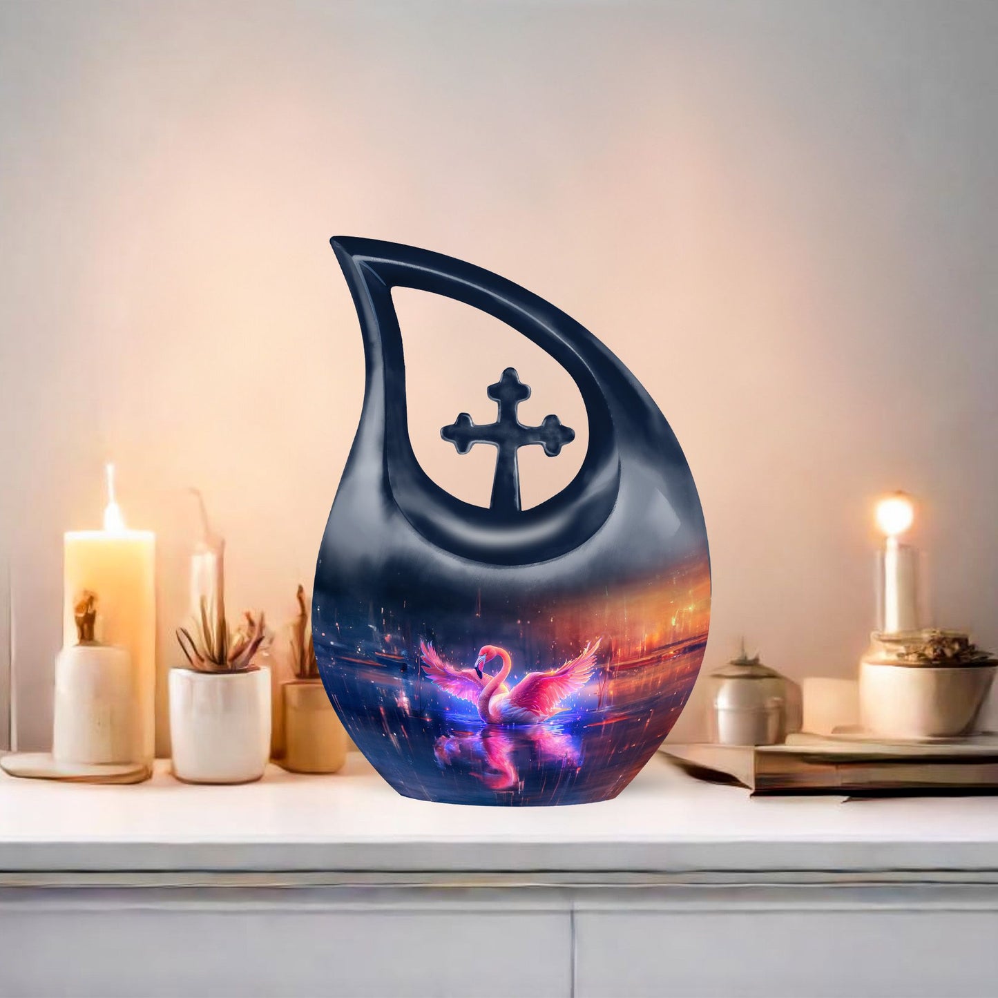 10-inch Flamingo urn with Cross Drop design,