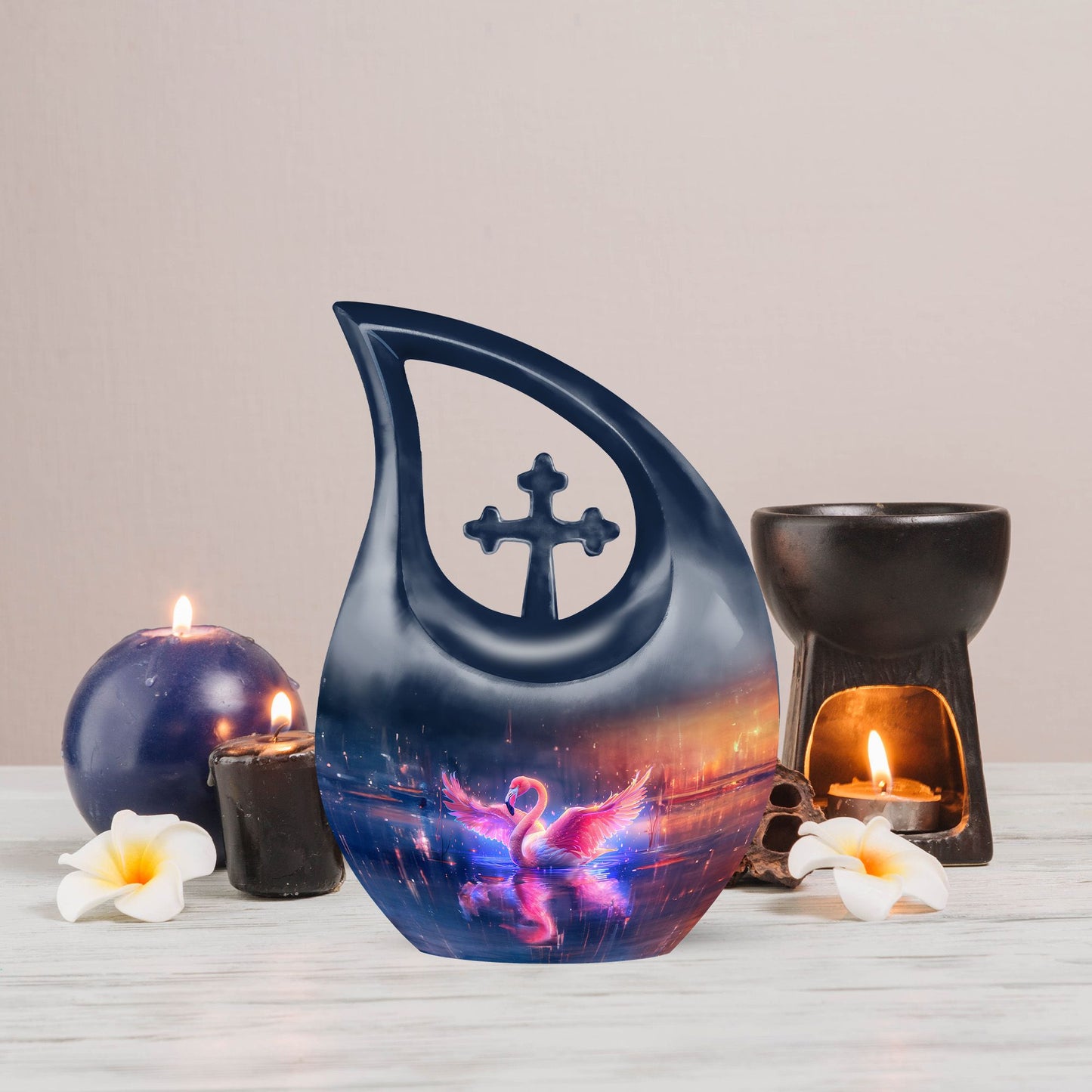 10-inch Flamingo urn with Cross Drop design,
