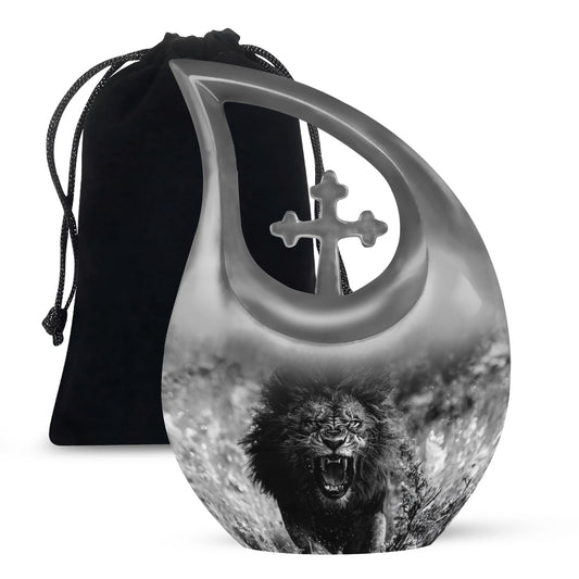 10 Inch Lion Urn with Cross Drop Design,