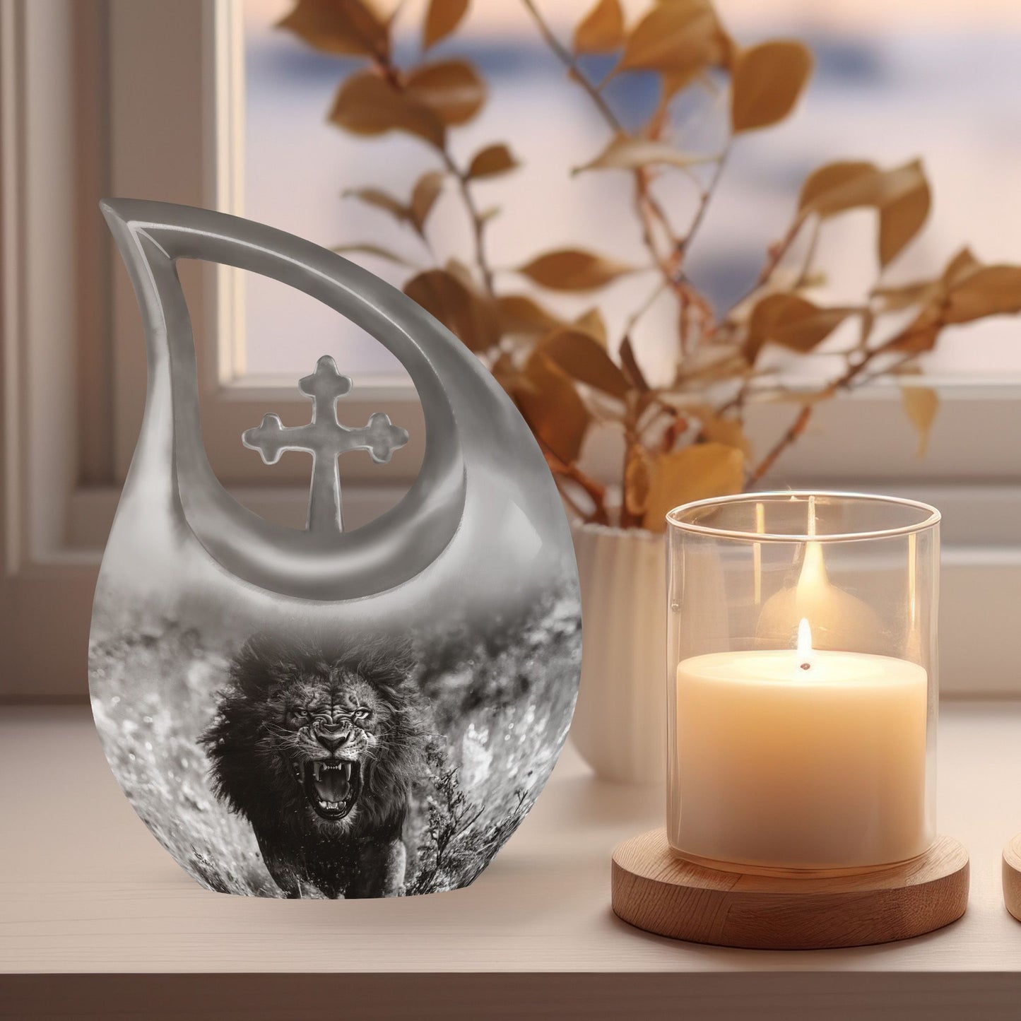 10 Inch Lion Urn with Cross Drop Design,