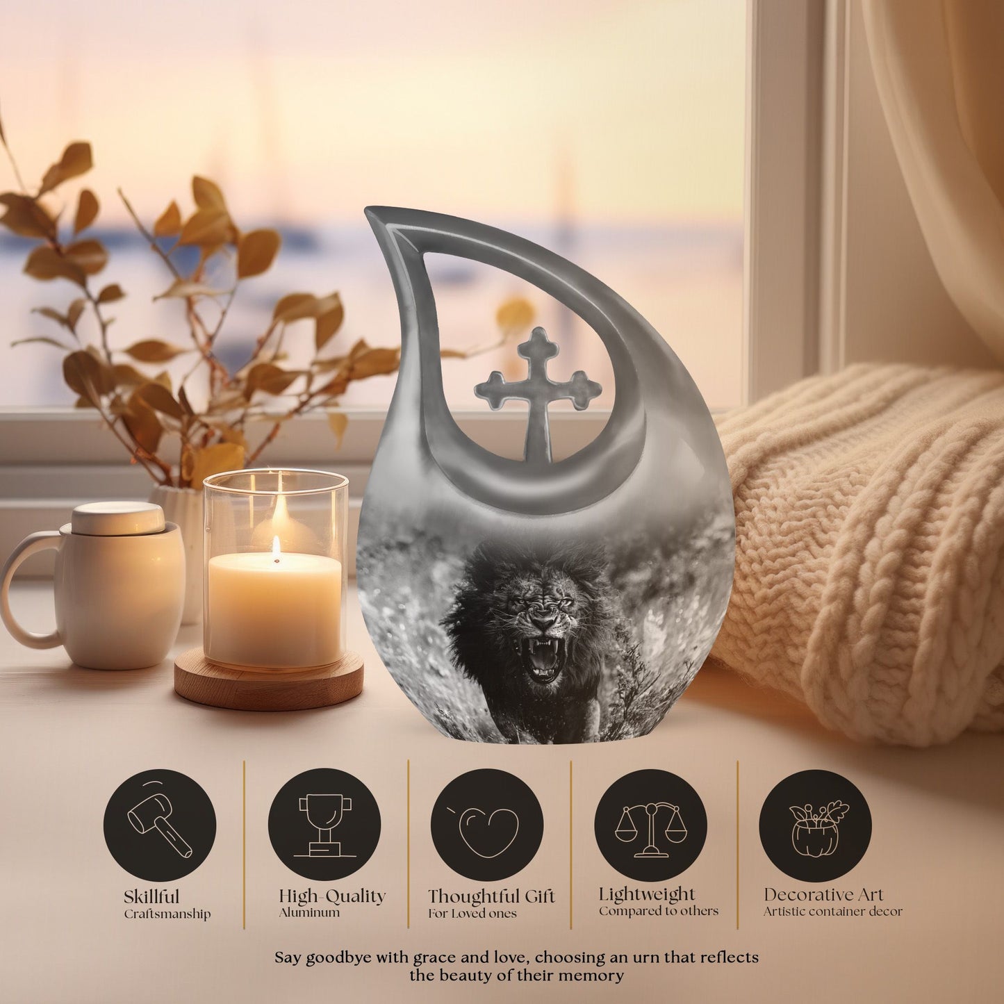 10 Inch Lion Urn with Cross Drop Design,
