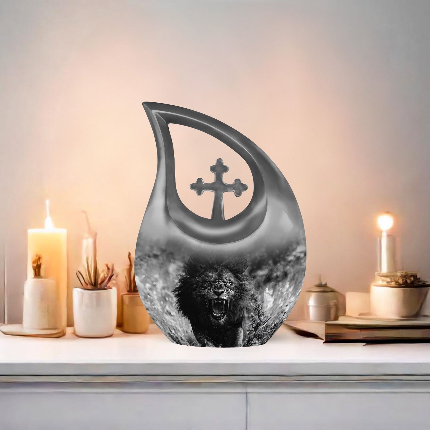 10 Inch Lion Urn with Cross Drop Design,