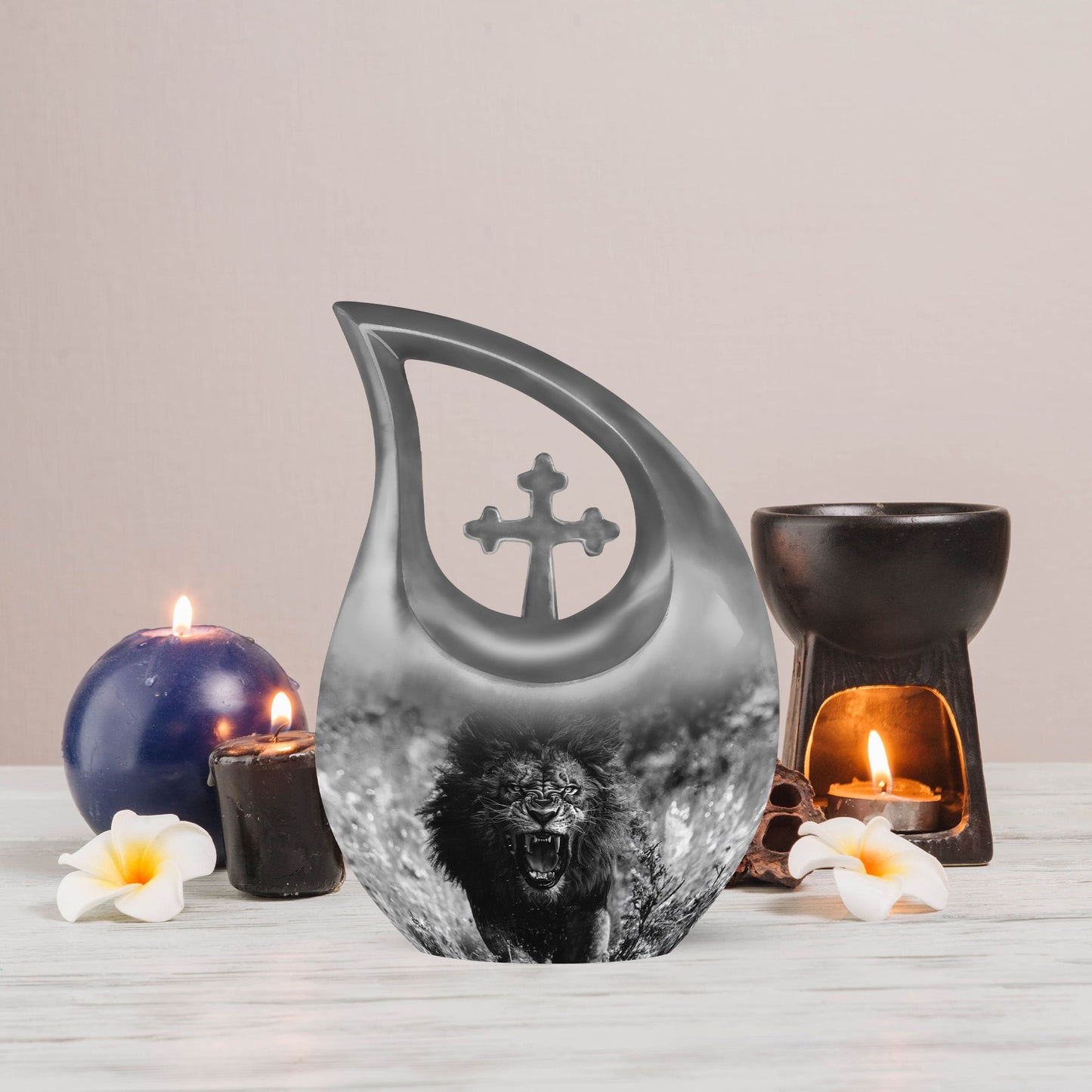 10 Inch Lion Urn with Cross Drop Design,