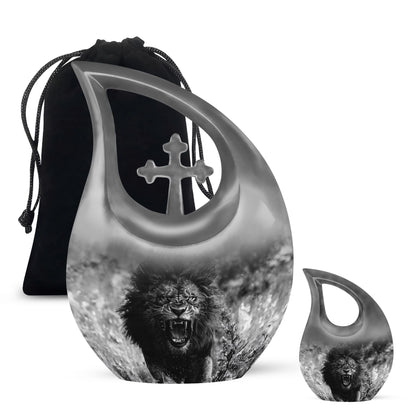 10 Inch Lion Urn with Cross Drop Design,