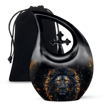 Black Personalized Lion Cremation Urn for Human Ashes - 10-inch, 200 cu in - Yatskia