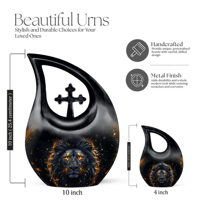 10 inch Lion themed Modern Urn with Cross Drop design,