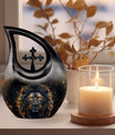 10 inch Lion themed Modern Urn with Cross Drop design,