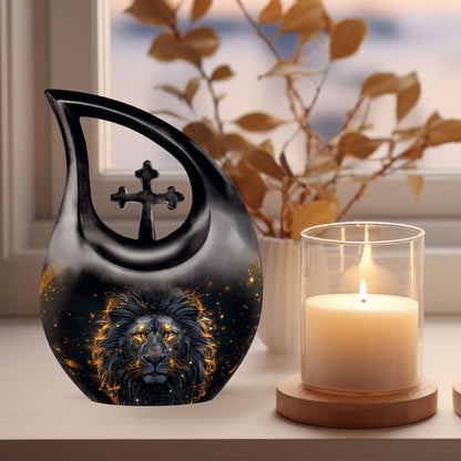 10 inch Lion themed Modern Urn with Cross Drop design,