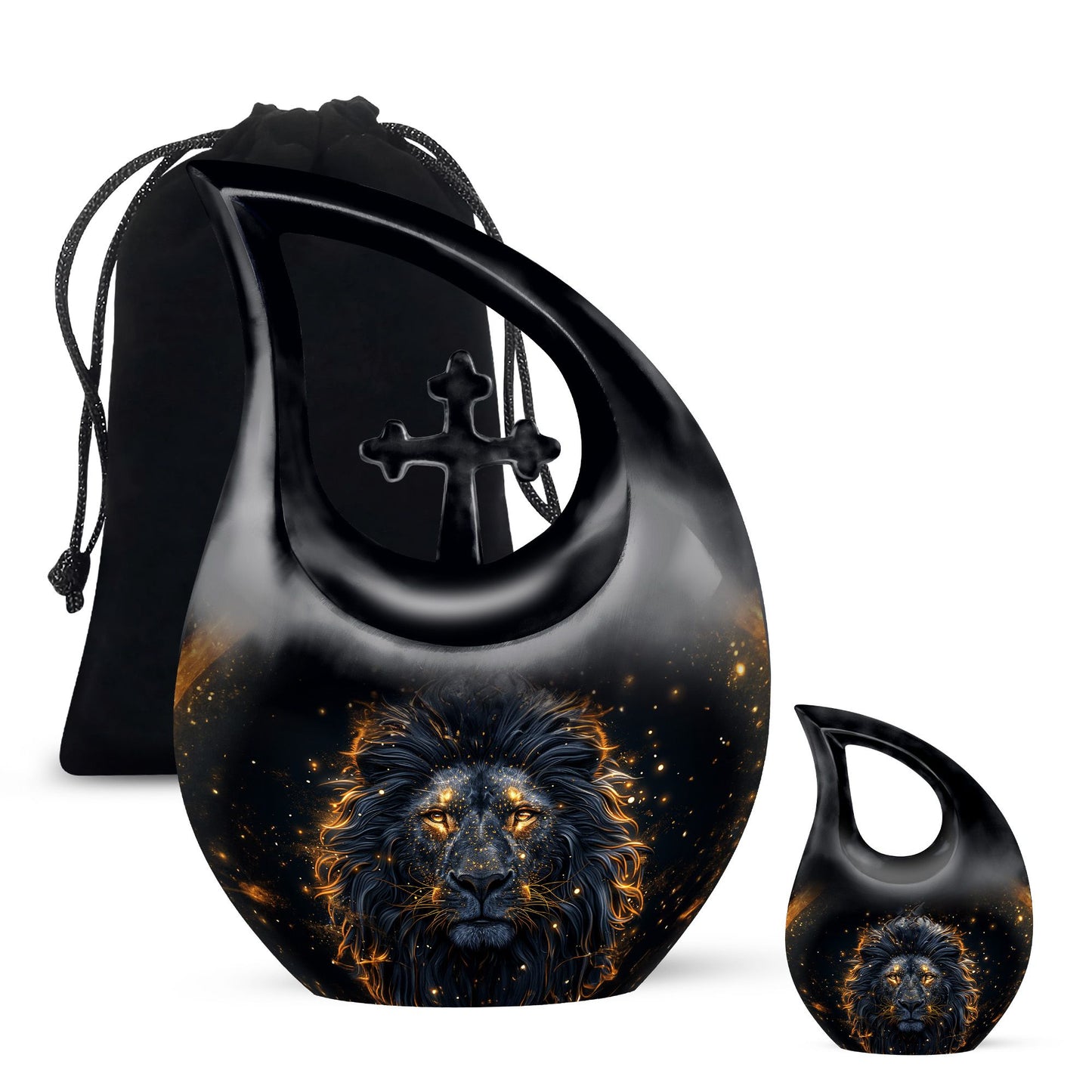 Black Personalized Lion Cremation Urn for Human Ashes - 10-inch, 200 cu in - Yatskia