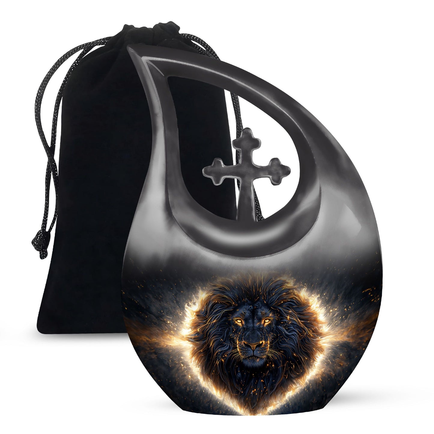 Custom 10-inch Lion Urn with Cross Drop design,