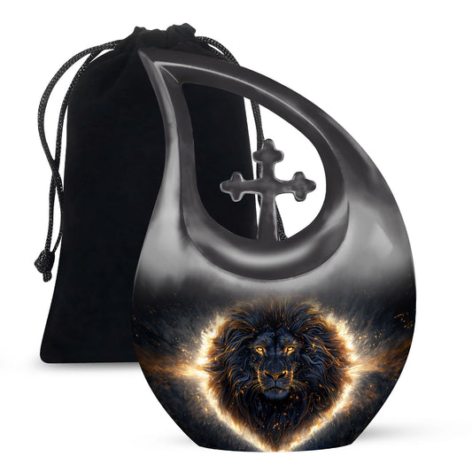 Custom 10-inch Lion Urn with Cross Drop design,