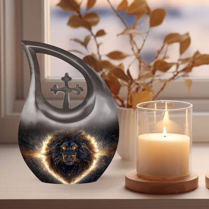 Custom 10-inch Lion Urn with Cross Drop design,