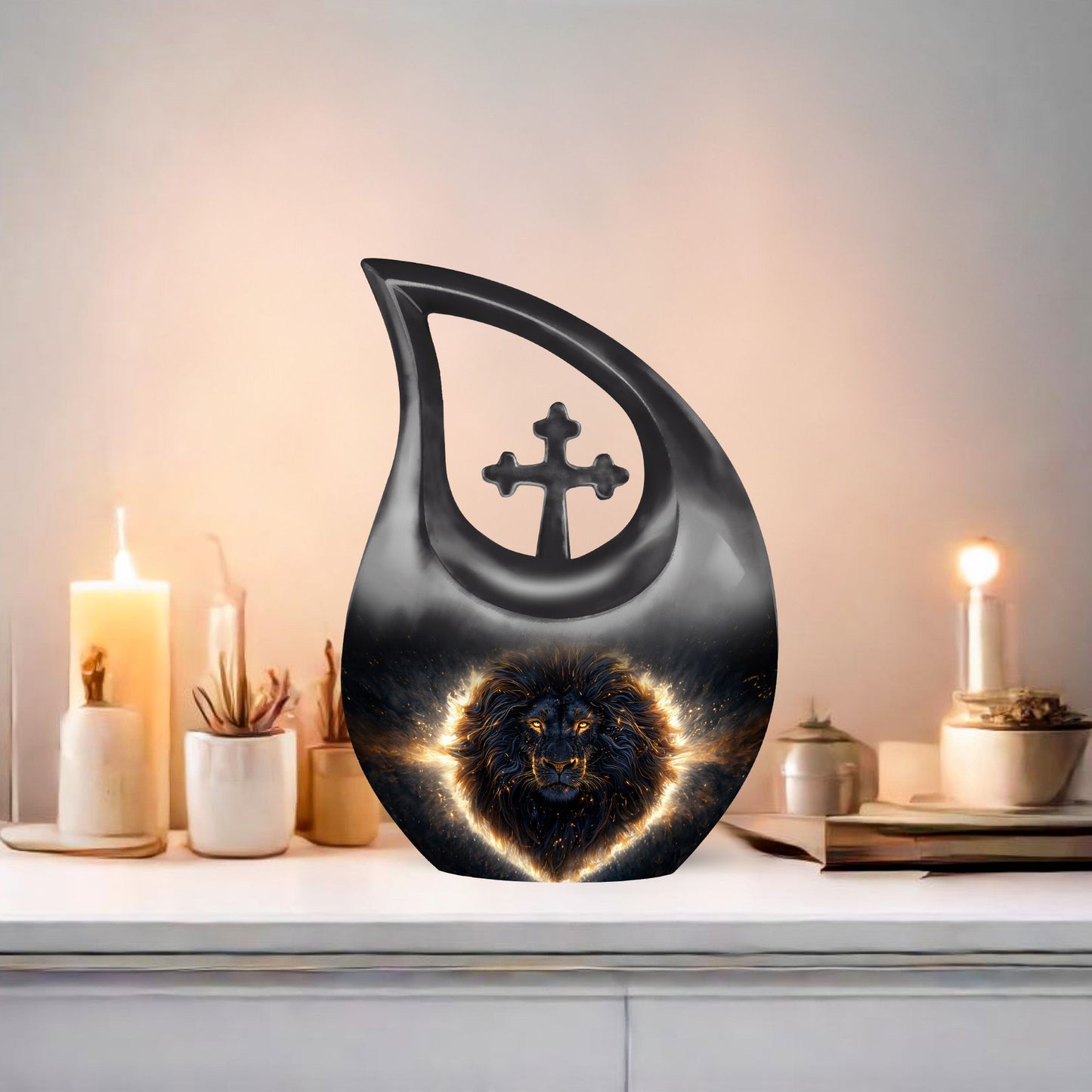 Custom 10-inch Lion Urn with Cross Drop design,