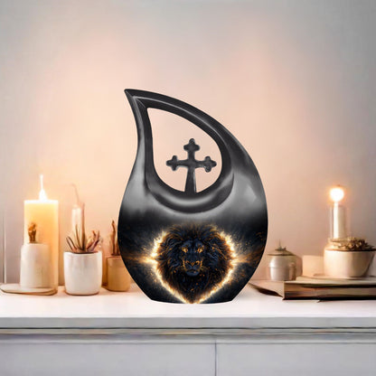 Custom 10-inch Lion Urn with Cross Drop design,