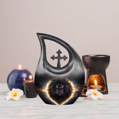 Custom 10-inch Lion Urn with Cross Drop design,