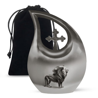10-inch Lion Themed Memorial Urn with Cross Drop Design