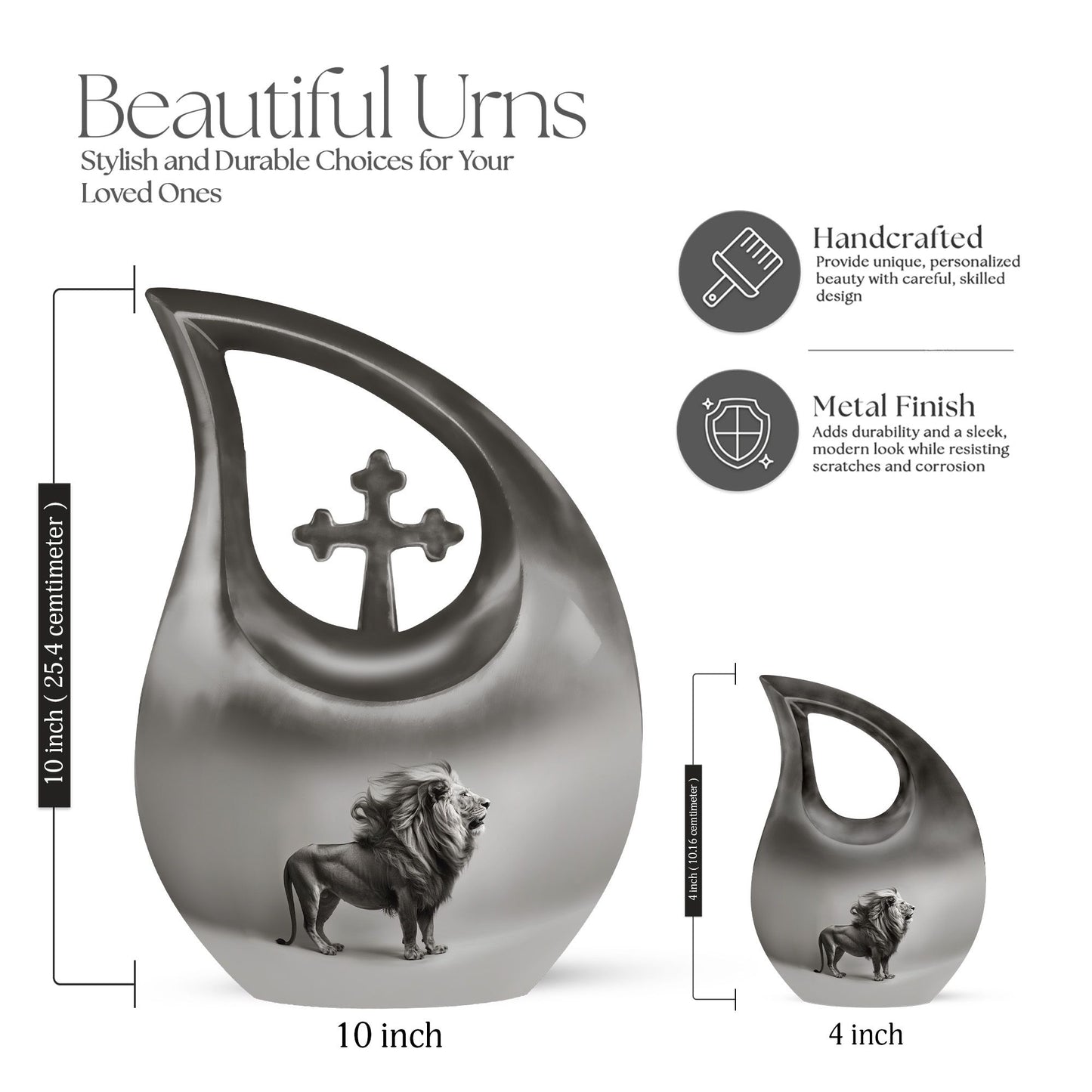 10-inch Lion Themed Memorial Urn with Cross Drop Design