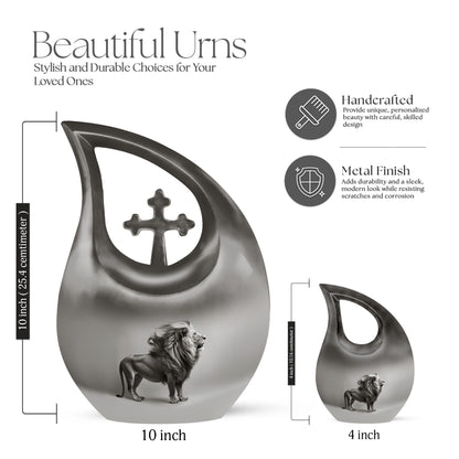 10-inch Lion Themed Memorial Urn with Cross Drop Design
