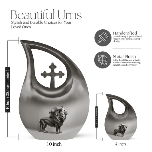 10-inch Lion Themed Memorial Urn with Cross Drop Design