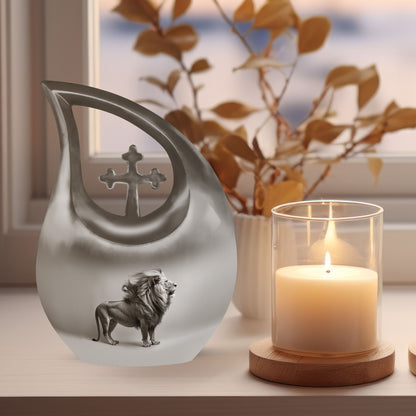10-inch Lion Themed Memorial Urn with Cross Drop Design