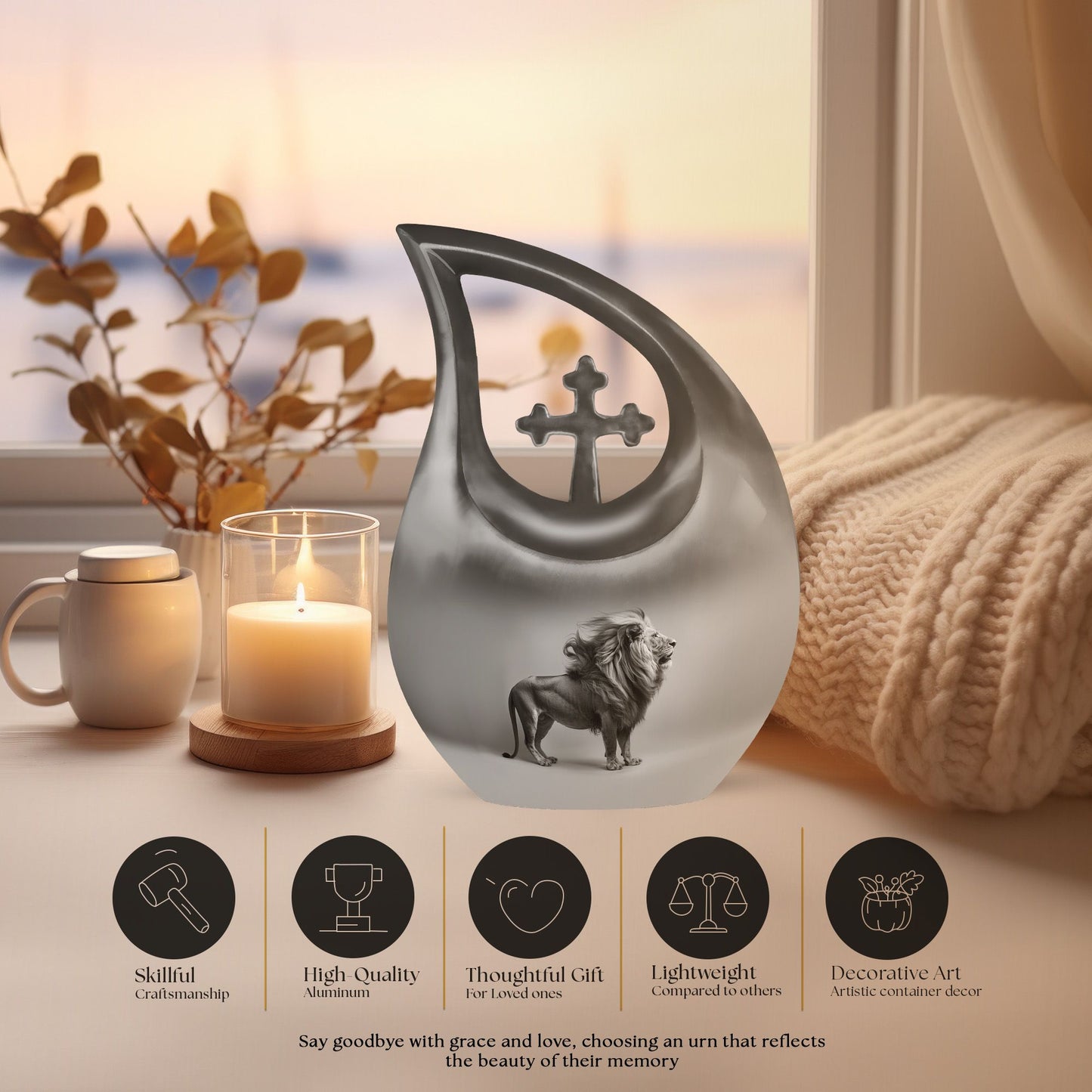 10-inch Lion Themed Memorial Urn with Cross Drop Design