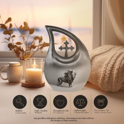 10-inch Lion Themed Memorial Urn with Cross Drop Design