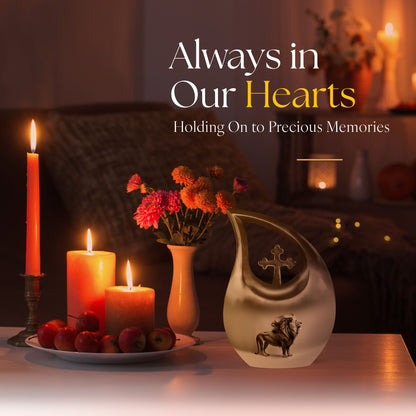 10-inch Lion Themed Memorial Urn with Cross Drop Design
